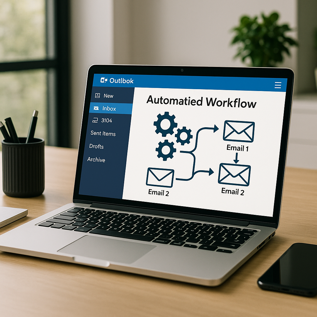 A professional workspace featuring a laptop displa